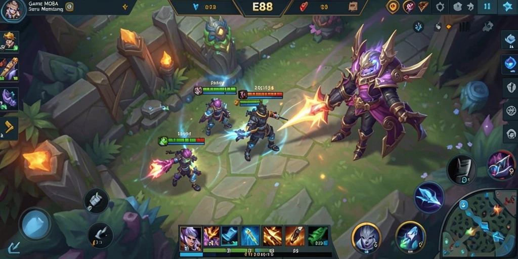 Screenshot gameplay E88 menampilkan aksi seru di arena MOBA.